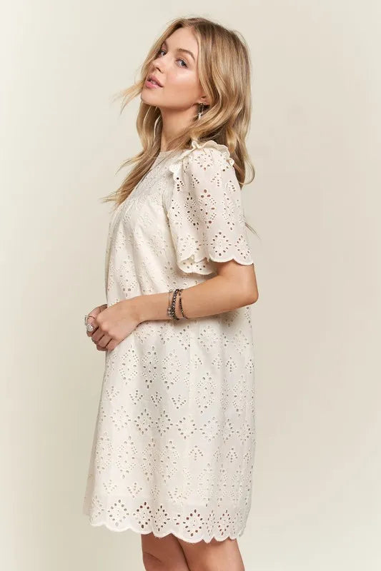 Ruffled Eyelet Round Neck Summer Dress For Women – Elegant Feminine Eyelet Dress with Ruffled Details for Garden Parties & Special Occasions