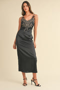 Embroidered Cami Satin Midi Slit Dress – Satin Dress, Sexy, Flattering, Embroidered Dress, Cami Style Dress, Midi Dress, Slit Detail Dress, Elegant Satin Dress