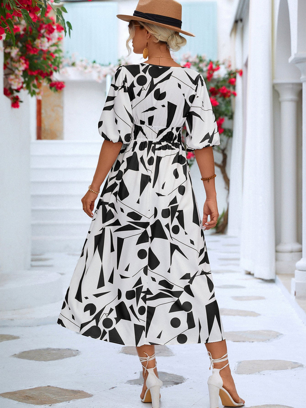 Black White Printed Balloon Sleeve Dress Elegant & Chic Casual Wear For Summer