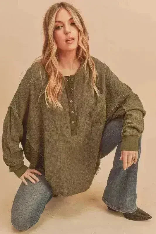 Exposed Seam Raw Hem Top - Edgy Half Button Shirt | Femstylo