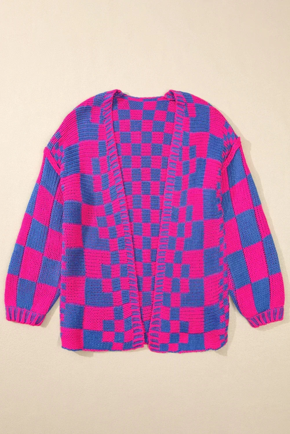 Taupe Colorblock Checked Open Front Knitted Cardigan