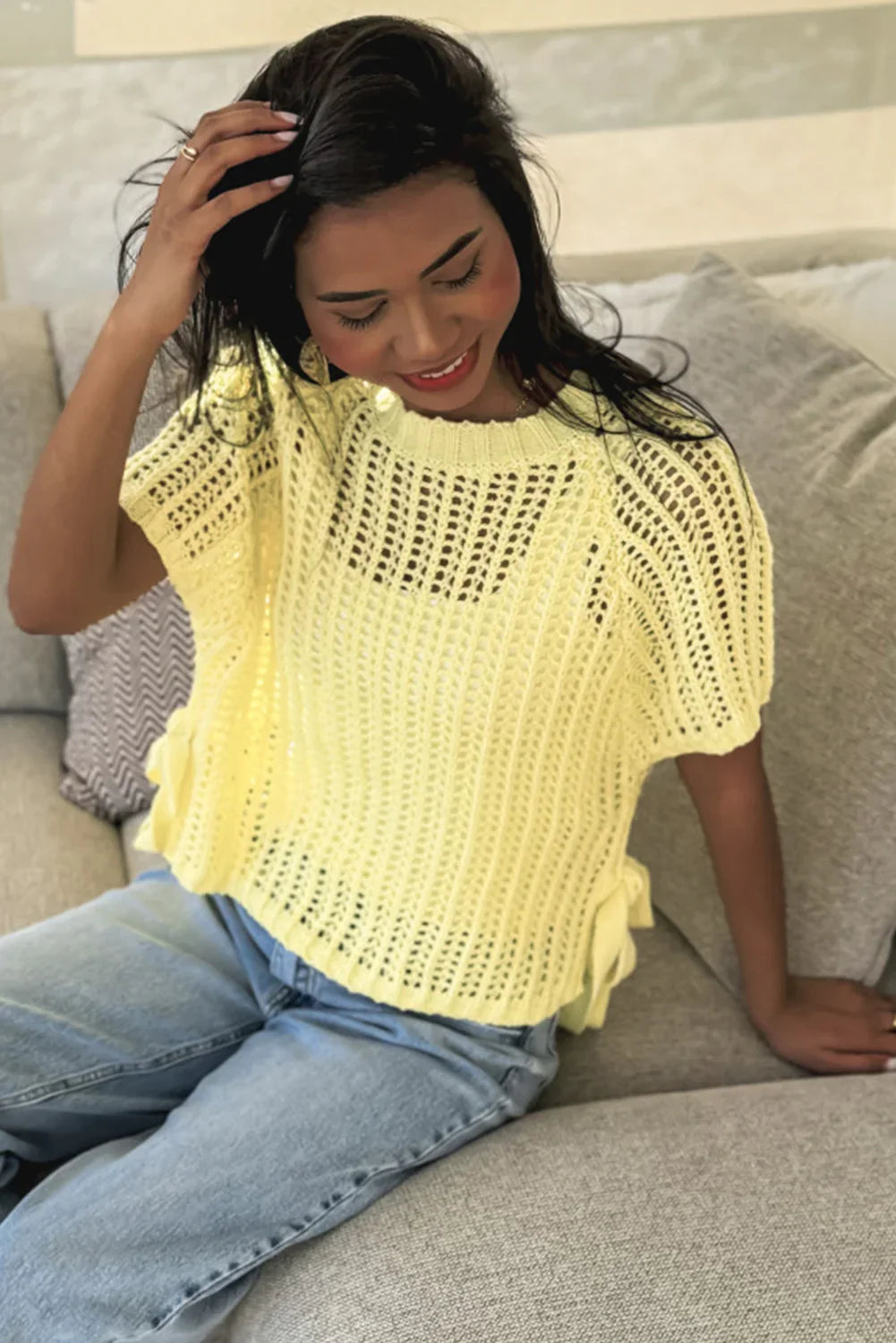 Pink Side Tie Hollow-out Crochet Knit Top