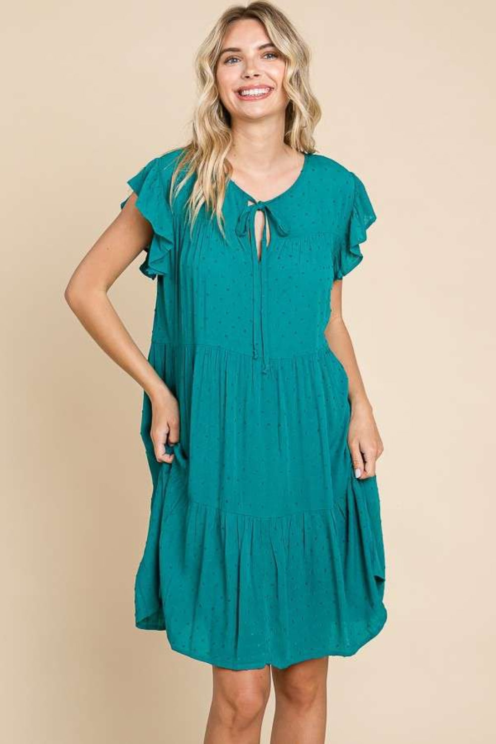 Ruffle Cap Sleeve Tiered Dress For Women – Ruffle Cap Sleeve Dress, Tiered Ruffle Dress, Feminine Tiered Dress, Stylish Cap Sleeve Dress, Playful Tiered Dress, Trendy Tiered Dress