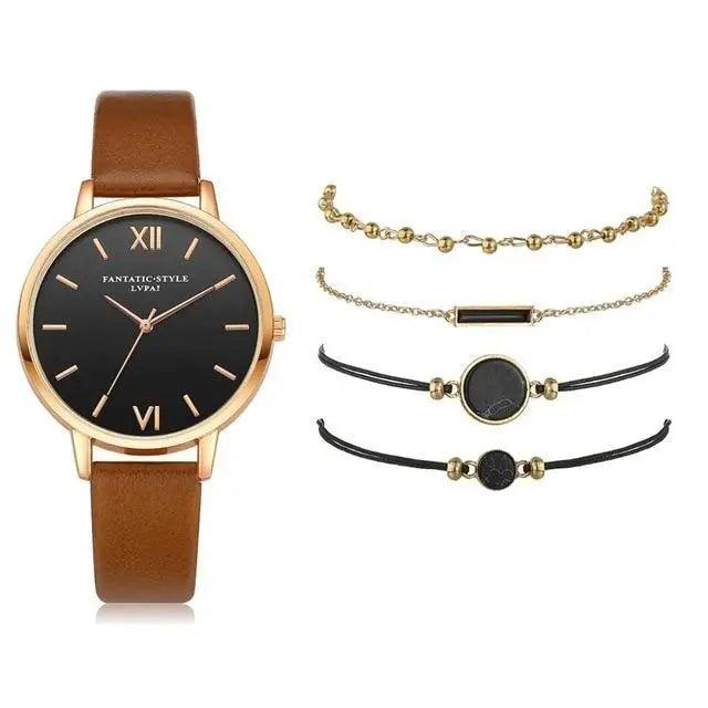 5Pcs Elegant Stylish Buckle Quartz Wrist Watch Set - Fashion Watches For Women and Girls