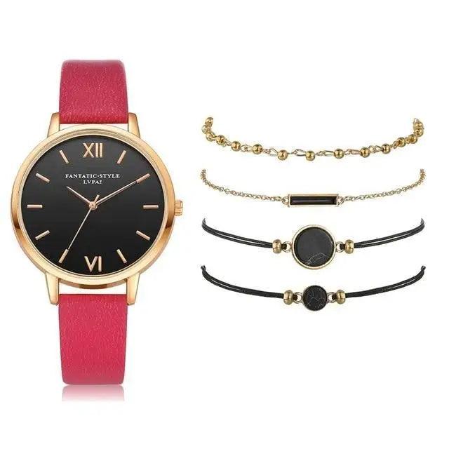 5Pcs Elegant Stylish Buckle Quartz Wrist Watch Set - Fashion Watches For Women and Girls
