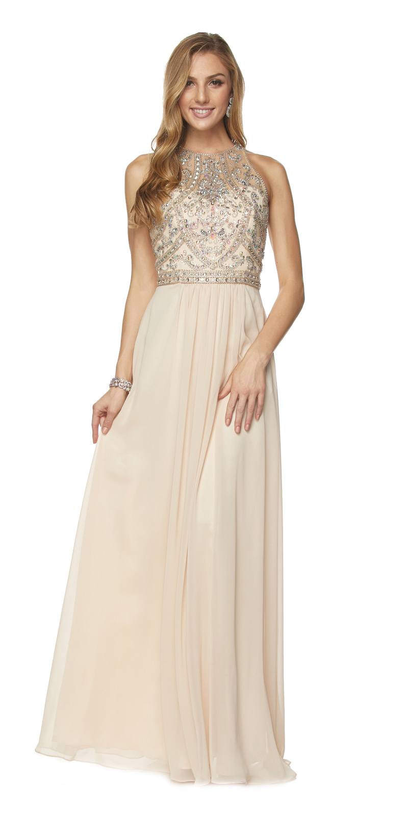 Juliet 609 A Line Chiffon Floor Length Gown Cut Out Back