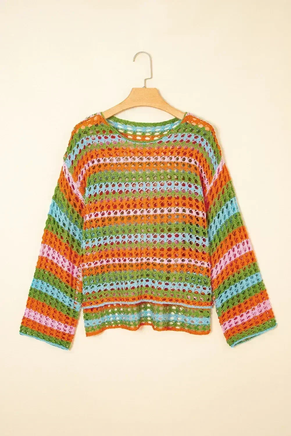 Purple Striped Hollow Knit Summer Beach Cover Up