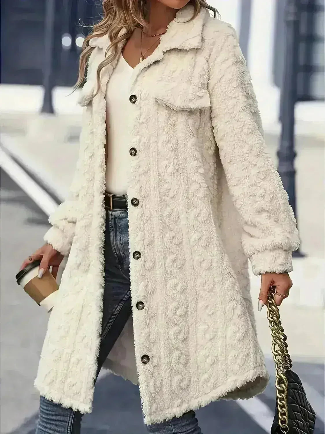 Fuzzy Button-Up Longline Coat - Oversized Polyester Topper | Femstylo