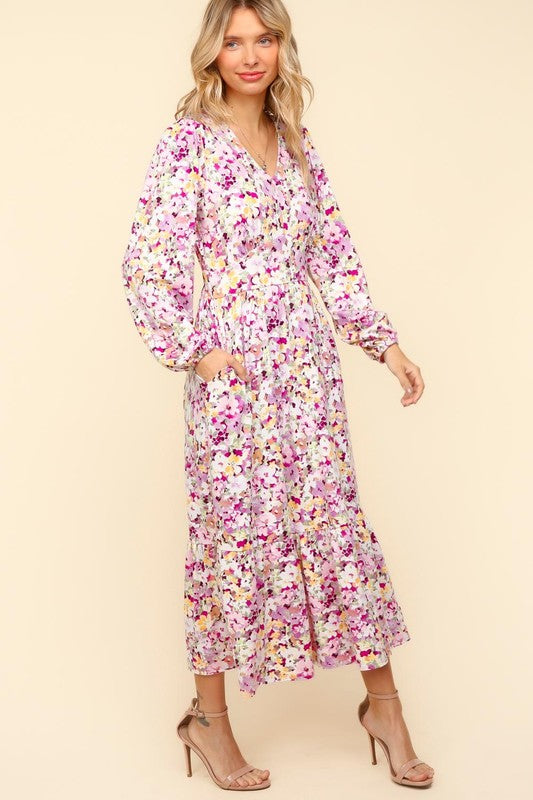 Lilac Full Size Floral V-Neck Long Sleeve Dress With Side Pockets Elegant & Practical Dress