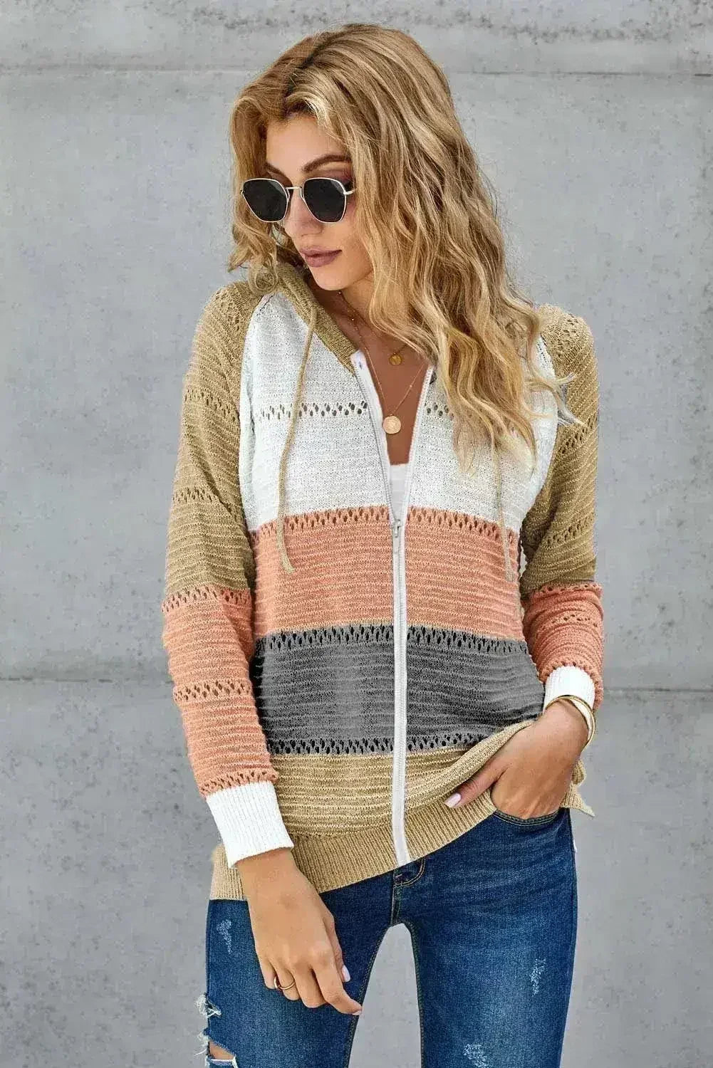 Womens Multicolor Zipped Front Colorblock Hollow-out Knit Hoodie