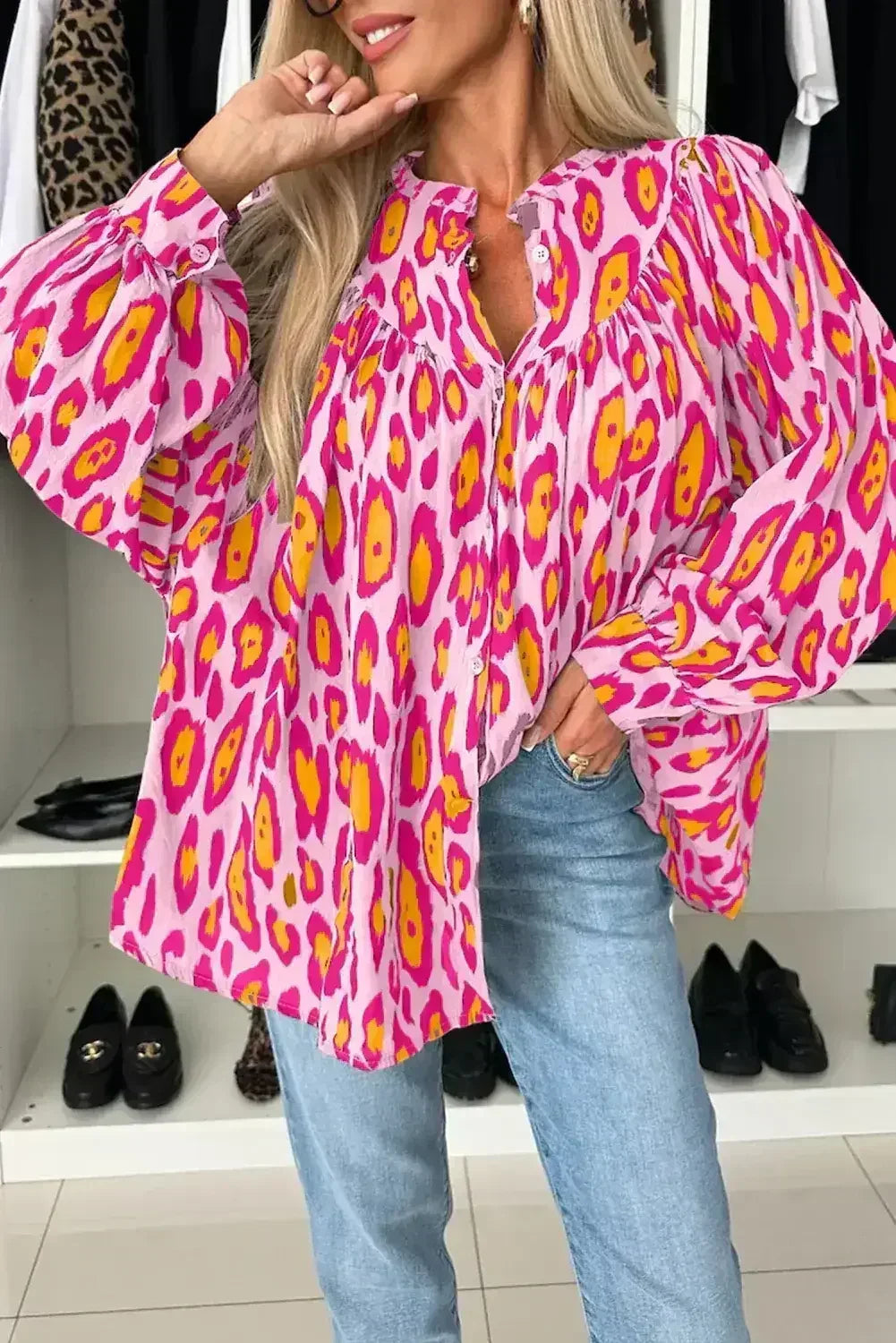 Light Leopard Print Balloon Sleeve Loose Blouse | Femstylo