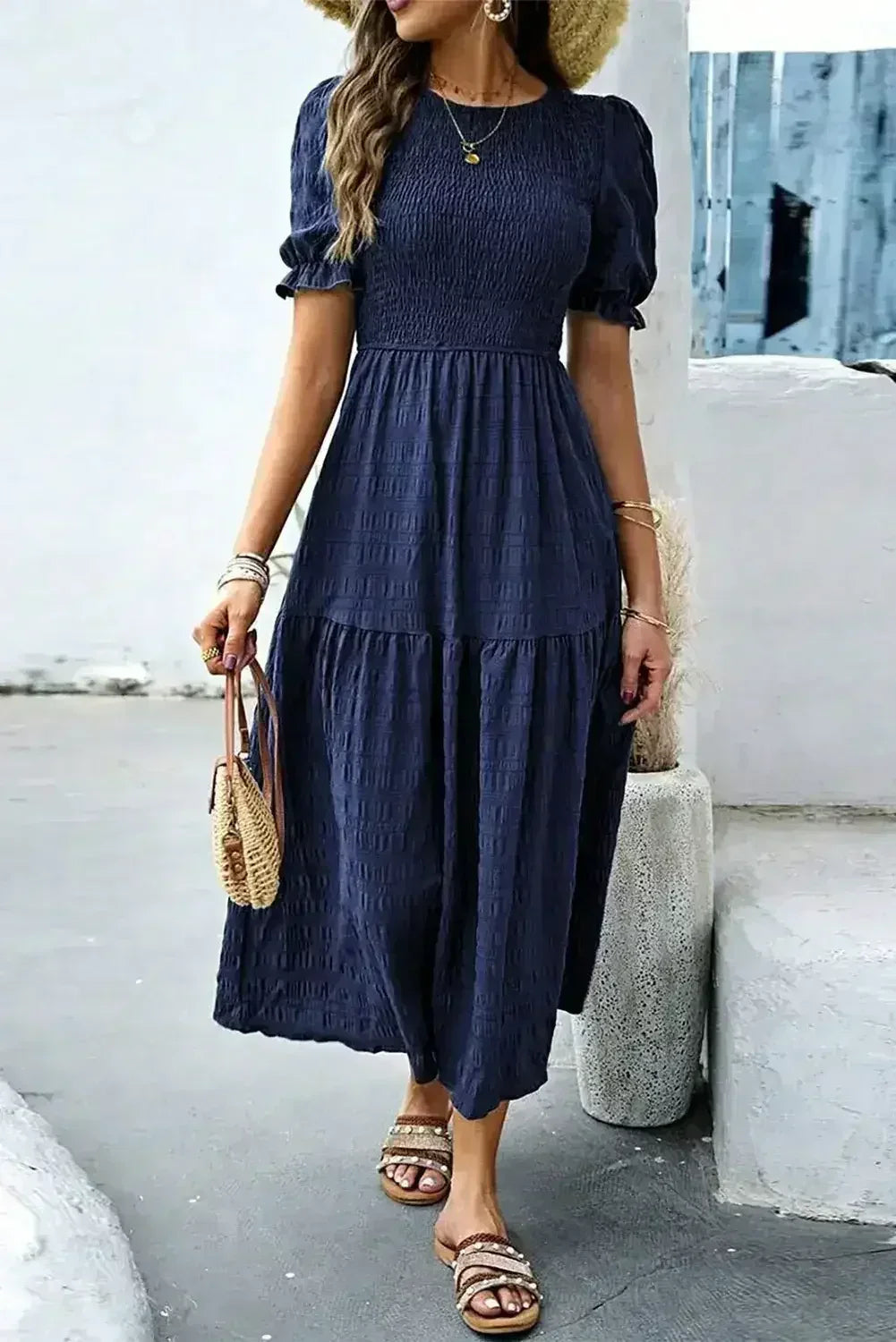 Sail Blue Solid Textured Smocked High Waist Midi Dress