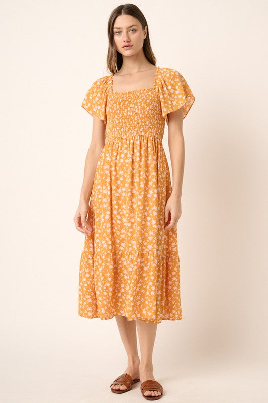 New Summer Flower Print Flutter Sleeve Smocked Midi Dress For Women – Fluttering, Trendy, Romantic and Feminine Style