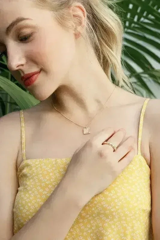 Gold Twisted Ring & Square Pendant Necklace Set - Nickel-Free