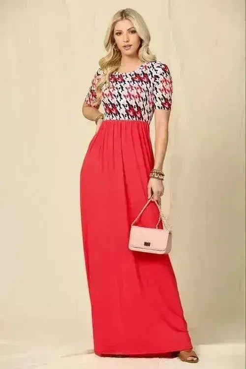 Houndstooth Maxi Dress | Short Sleeve Pocketed Style | Femstylo