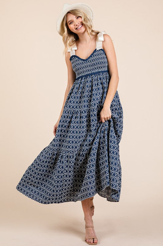 Geometric Embroidered Smocked Tie Shoulder Midi Dress For Women – Fluttering, Trendy and Chic Embroidered Midi Dress with Tie Shoulders
