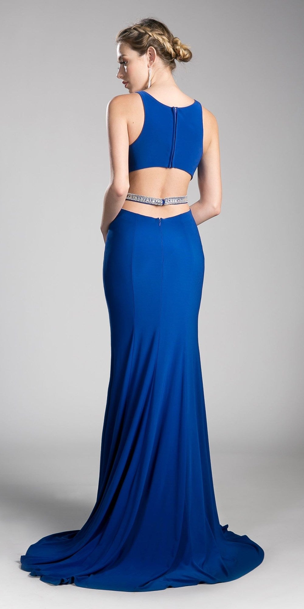 Cinderella Divine 62806 Beaded Waist Cut Out Back Long Dress