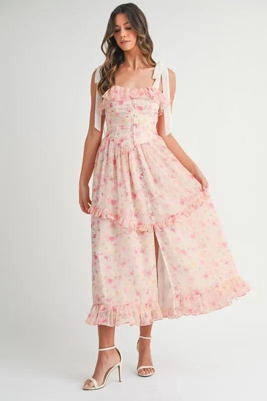 Floral Printed Shoulder Strap Midi Dress For Women – Floral Midi Dress, Shoulder Strap Dress, Ruffled Midi Dress, Feminine Floral Dress, Elegant Occasion Dress