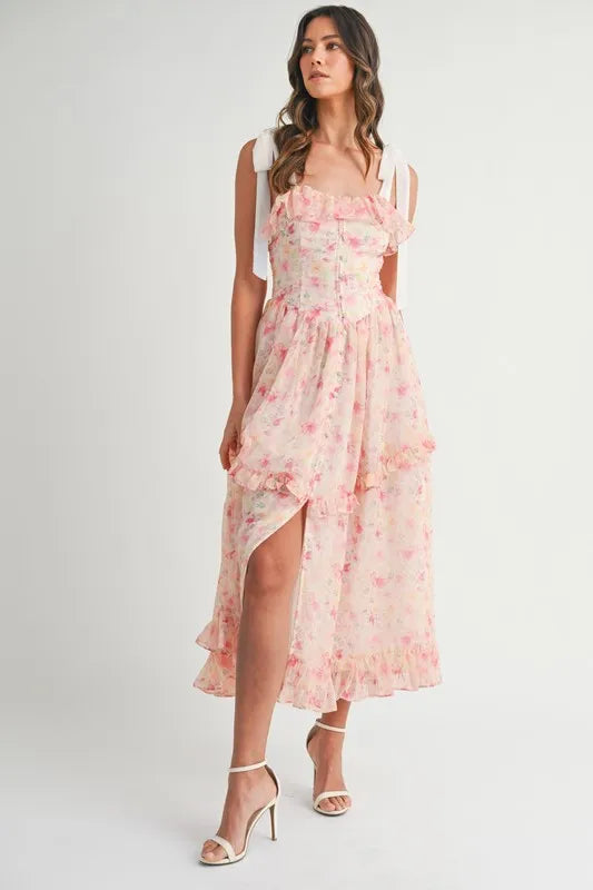 Floral Printed Shoulder Strap Midi Dress For Women – Floral Midi Dress, Shoulder Strap Dress, Ruffled Midi Dress, Feminine Floral Dress, Elegant Occasion Dress