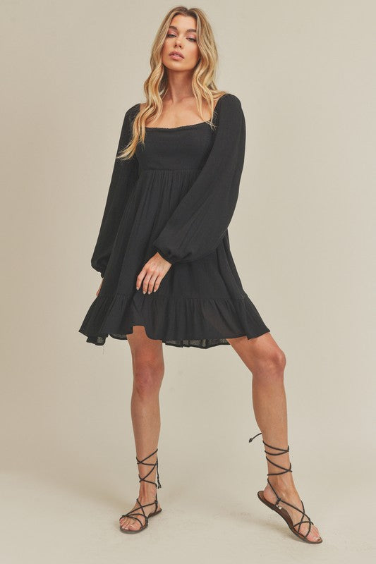 Ruffled Comfortable Hem Square Neck Balloon Sleeve Mini Dress For Women – Trendy, Romantic and Playful Style for Any Occasion