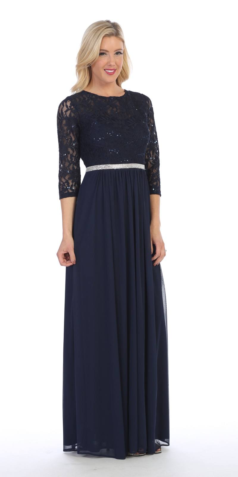 CLEARANCE - Celavie 6305L Three-Quarter Length Lace Sleeve Dress A-line (Size M)