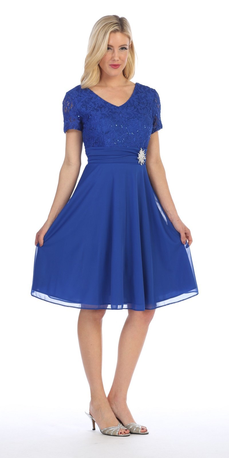 CLEARANCE - Celavie 6320S Knee Length Dress With Short Sleeves (Size L)