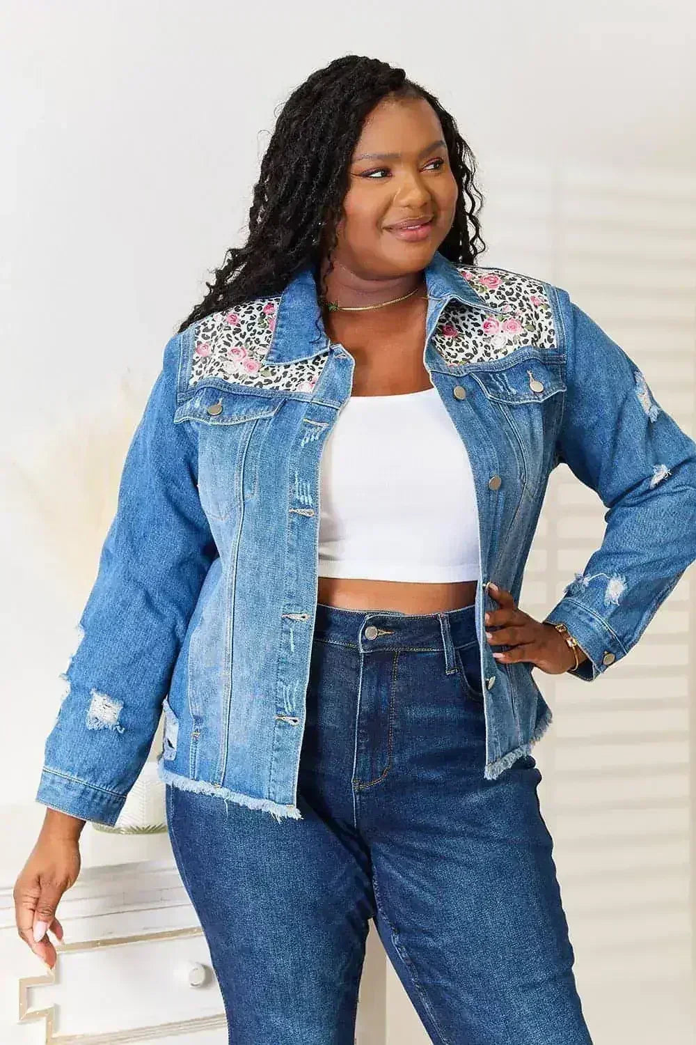 Leopard Floral Denim Jacket - Distressed Raw Hem | Femstylo