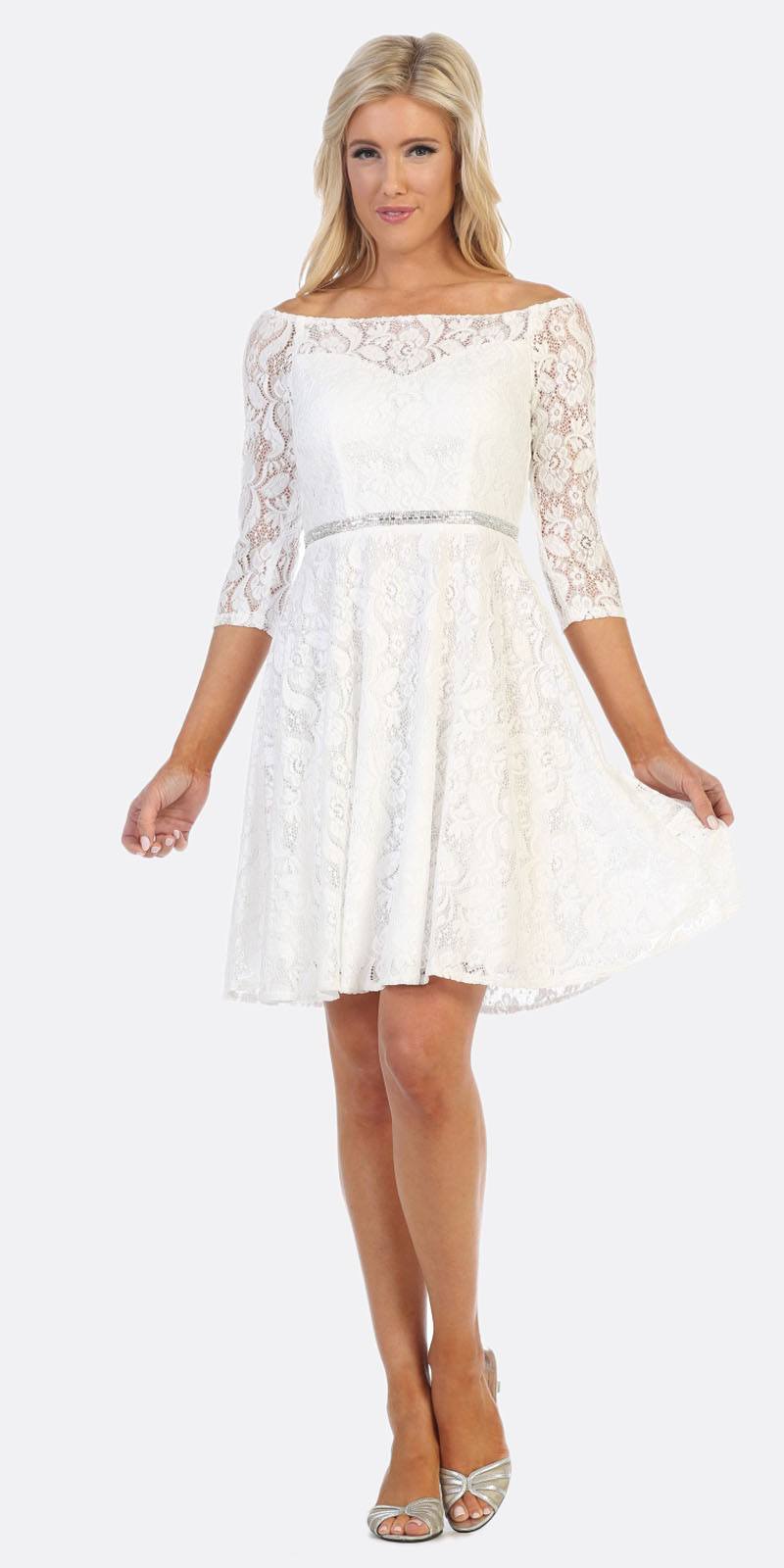 CLEARANCE - Celavie 6343S Off-the-Shoulder Short Lace A-Line Dress (Size XL)