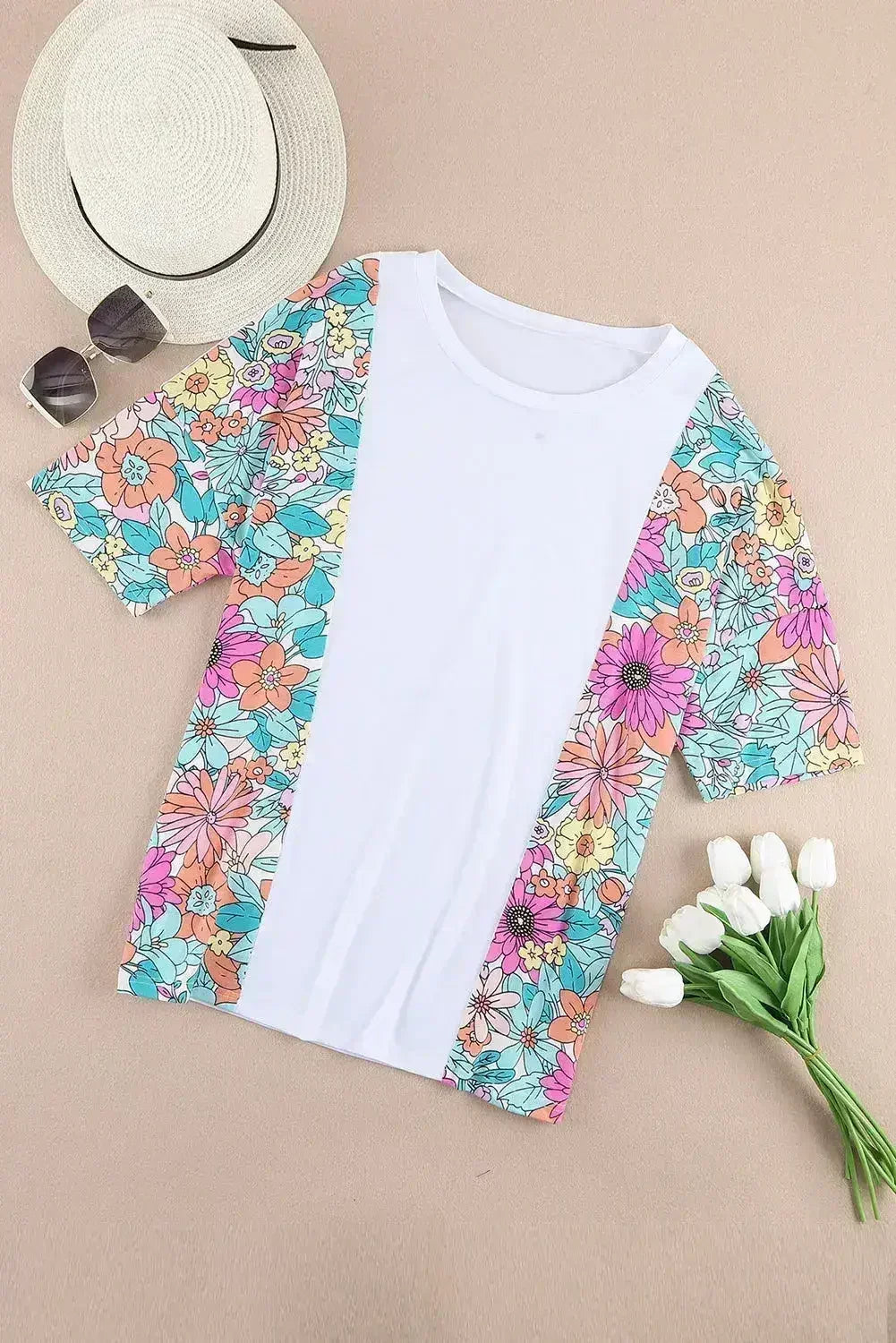 Floral Patchwork Top - Short Sleeve Summer Tee | Femstylo