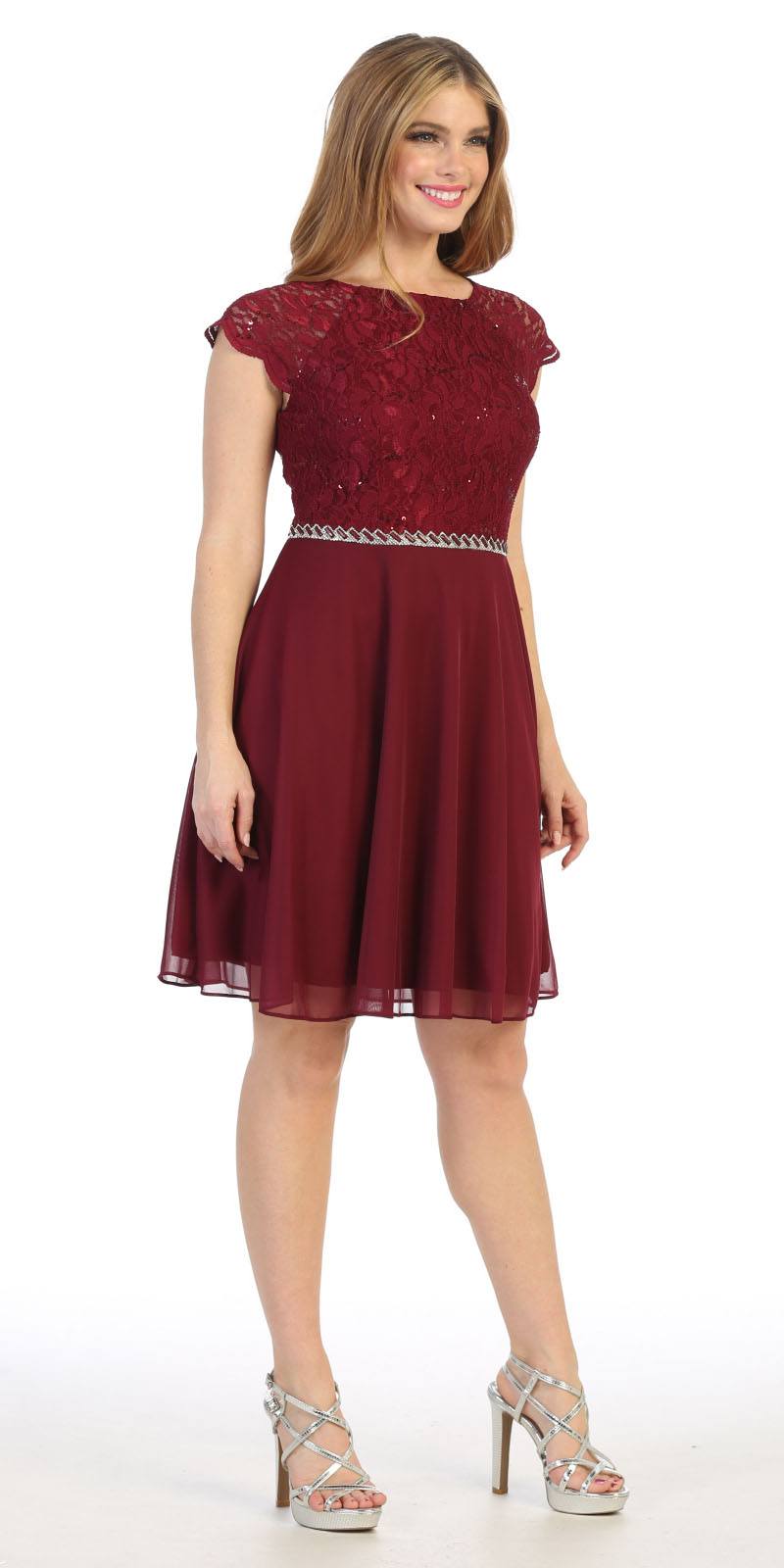 CLEARANCE - Celavie 6394-S Embellished Waist Short Sleeve Dress (Size 2XL)