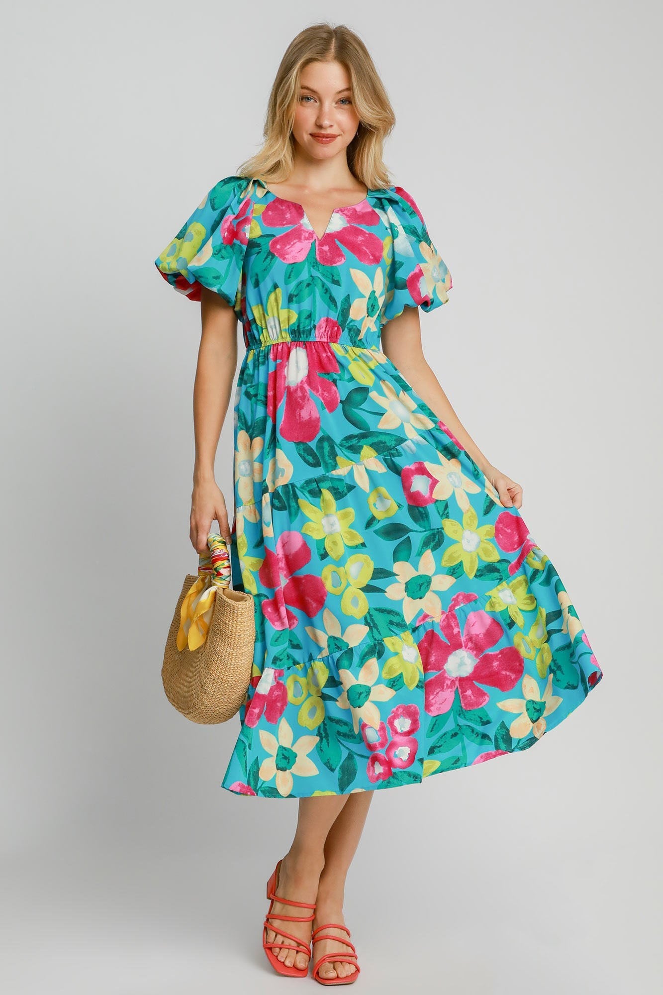 Beautiful Full Size Floral Print Puff Sleeve Midi Dress Plus Size Trendy & Chic Dress Modern Design