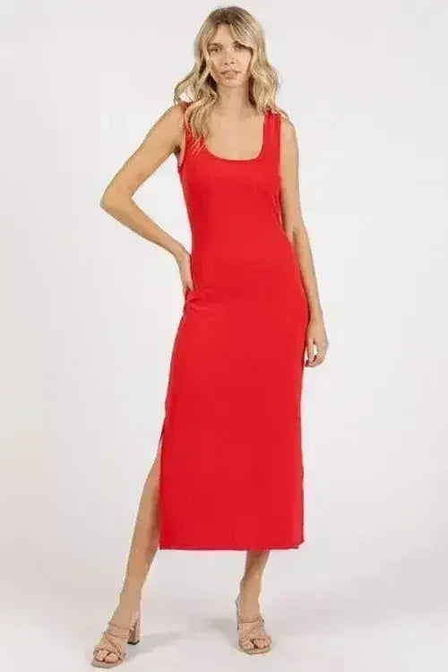 Red Side Slit Midi Dress - Wide Strap & Flirty Slit | Femstylo