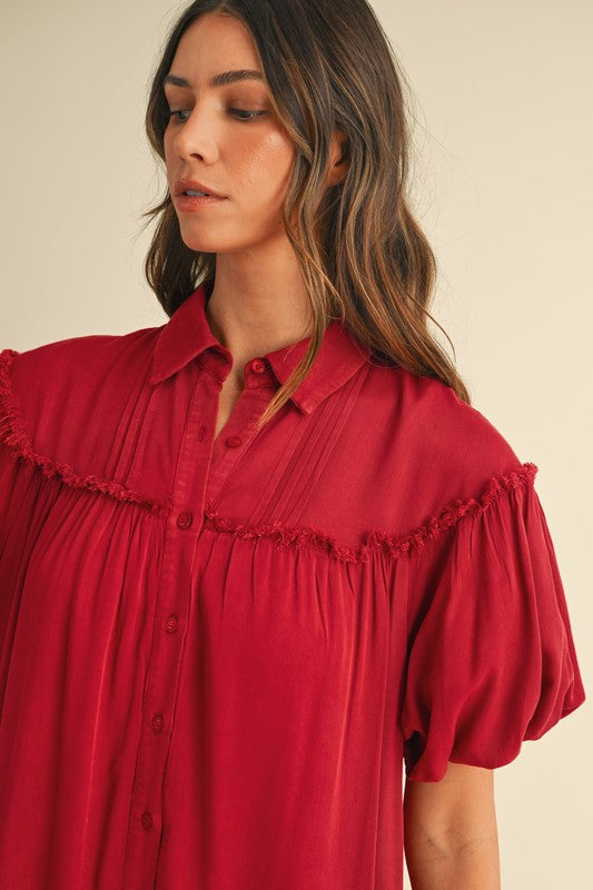Mineral Washed Button Down Puff Sleeve Shirt Dress – Trendy Button Down Shirt Dress with Puff Sleeves and Unique Mineral Wash Finish for a Chic and Casual Look