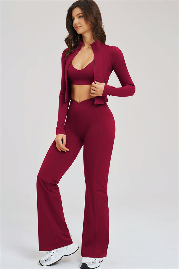 The Sizzle Zip Jacket Sports Bra Flared Leggings 3-Piece Set