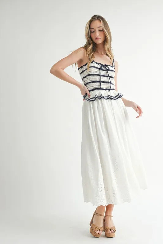 Crochet Stripe Knit Eyelet Mix Midi Dress – Crochet Midi Dress, Stripe Knit Dress, Eyelet Mix Dress, Trendy Midi Dress, Versatile Midi Dress