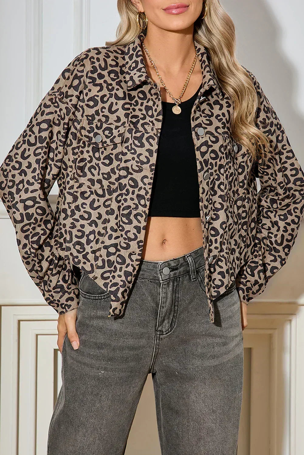 Dark Khaki Leopard Print Raw Hem Cropped Jacket – Femstylo
