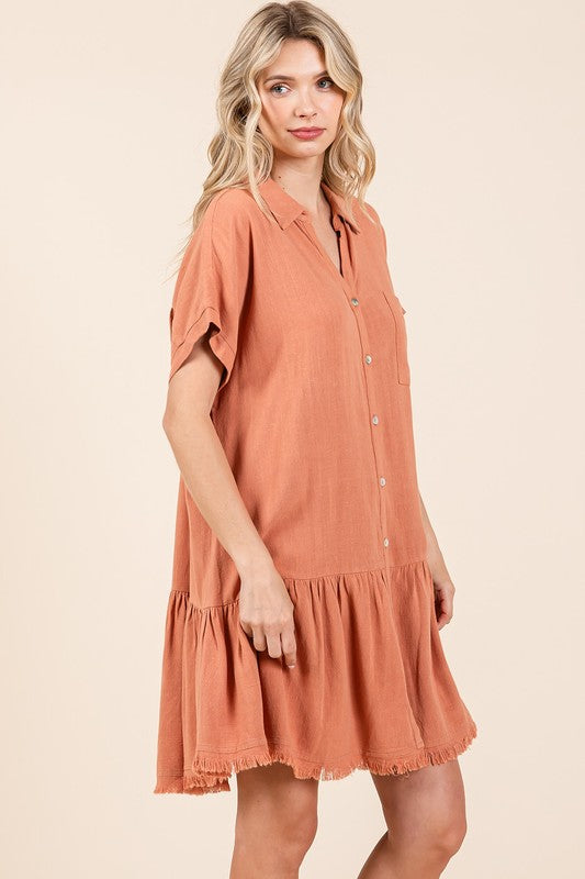 Linen Blend Button Down Shirt Mini Dress For Women – Casual, Classic Button-Down Design with Raw Hem and Tiered Detail
