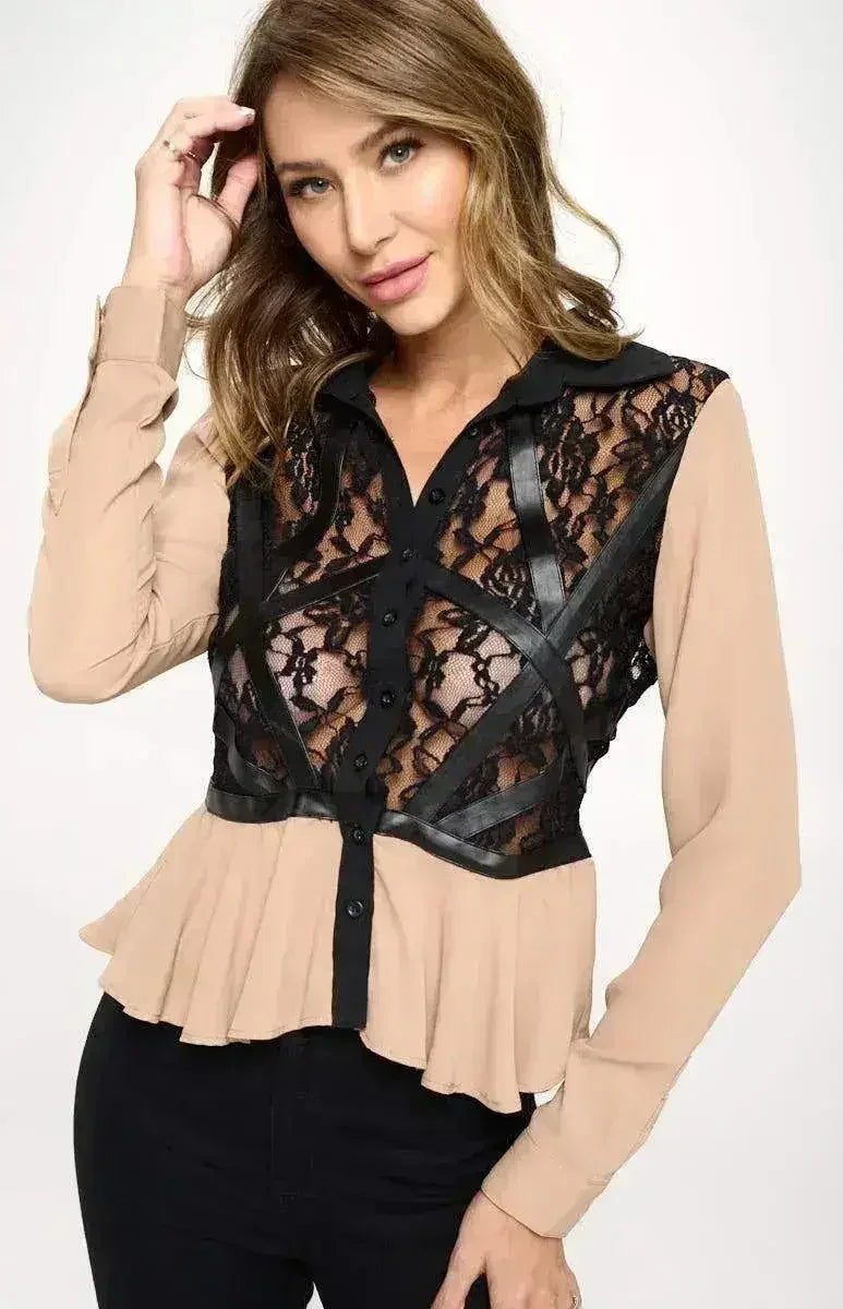 Chic Vegan Leather Peplum Blouse - Color Block Sheer Lace Top | Femstylo