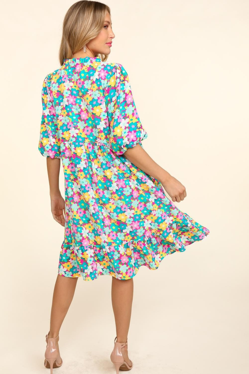 Bubble Sleeve Floral Ruffled Summer Dress For Women – Charming Floral Dress, Feminine Floral Dress, Trendy Bubble Sleeve Dress, Whimsical Ruffled Dress, Elegant Garden Party Dress, Romantic Floral Dress, Chic Bubble Sleeve Dress