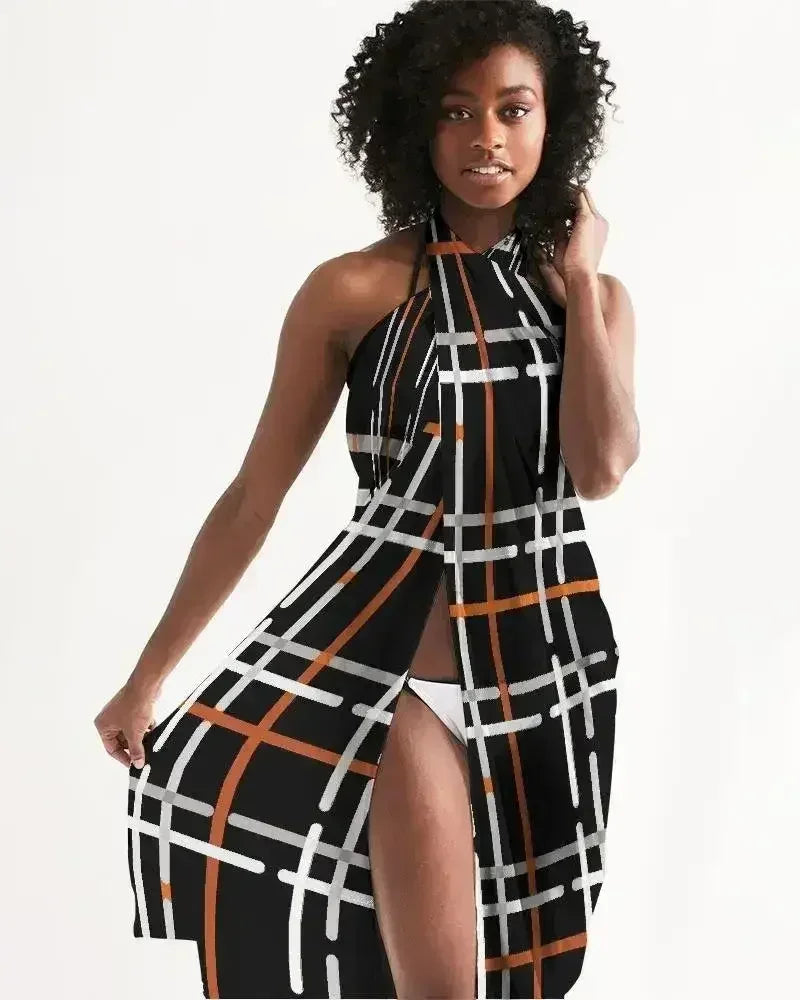Sheer Sarong Swimsuit Cover Up Wrap / Black and Orange Plaid