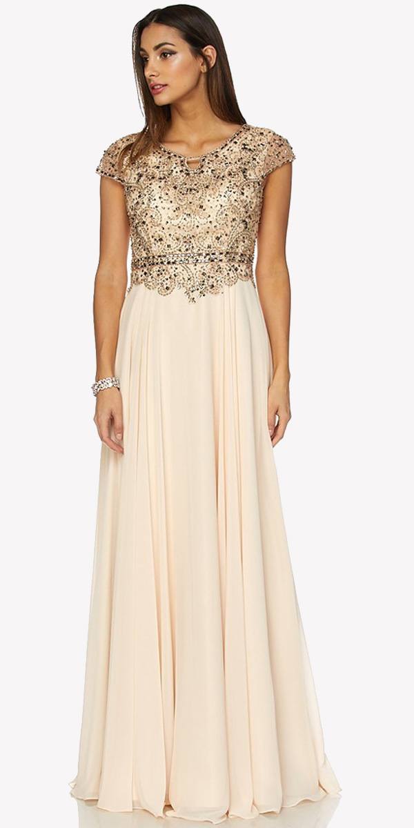 Juliet 657 Cap Sleeves Beaded Bodice A-line Long Dress