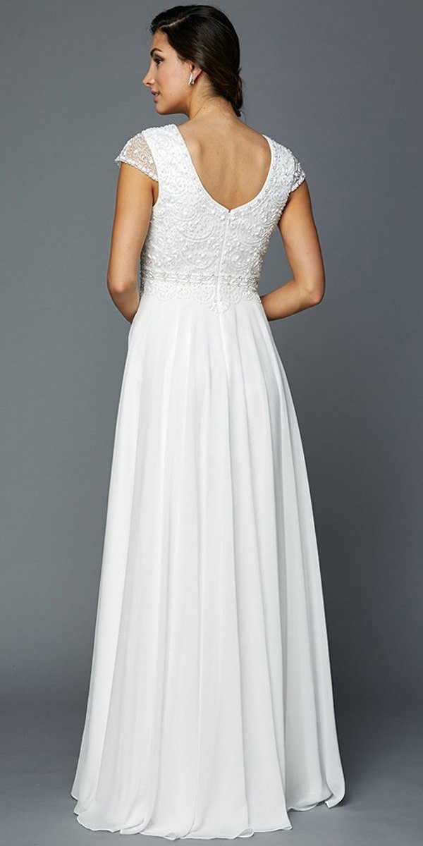 Juliet 657 Cap Sleeves Beaded Bodice A-line Long Dress