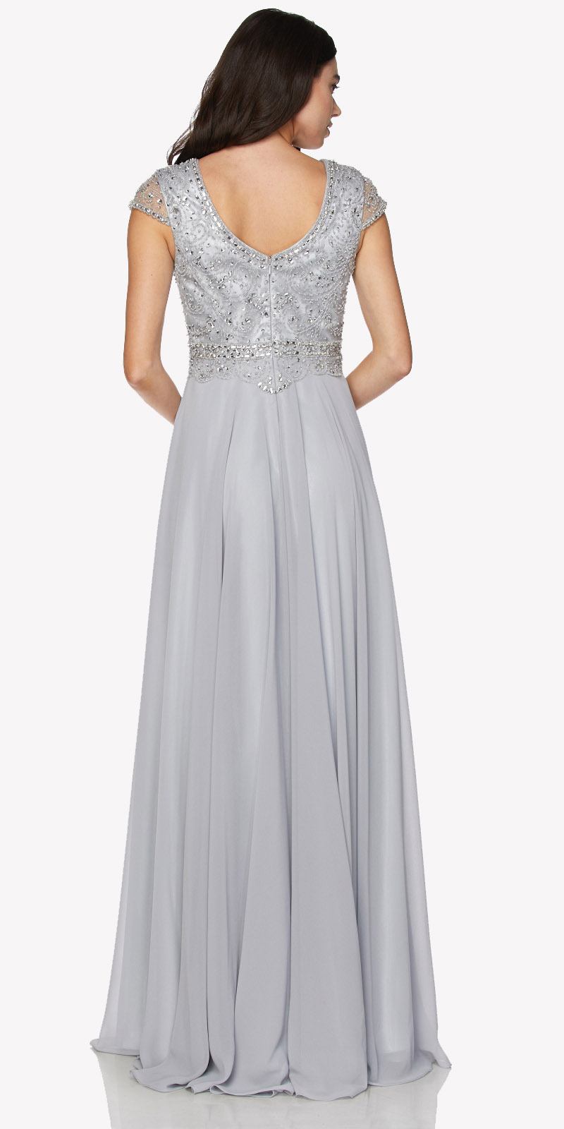 Juliet 657 Cap Sleeves Beaded Bodice A-line Long Dress