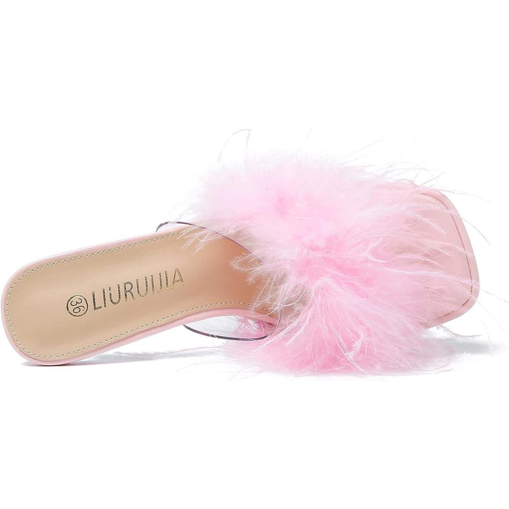 Liuruijia Womens Size 7.5 Clear Strap Pink Feather Square Toe Platform Shoes