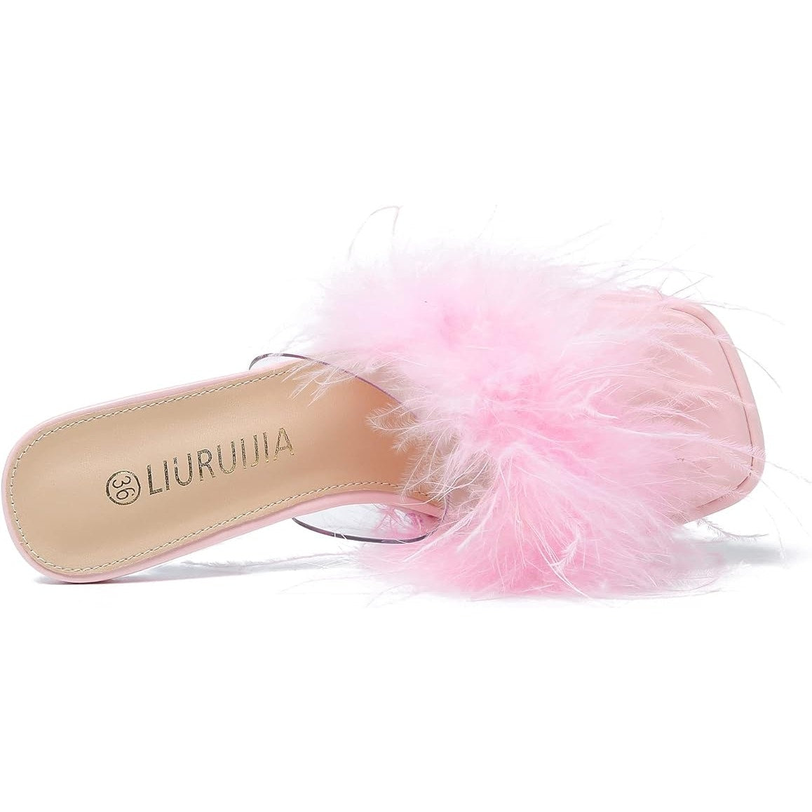 Liuruijia Womens Size 7.5 Clear Strap Pink Feather Square Toe Platform Shoes