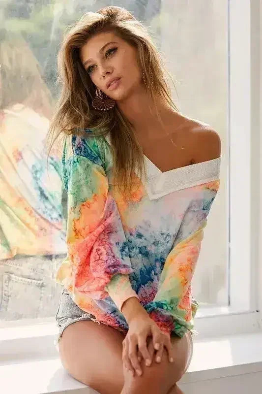 BiBi Tie Dye Soft Knit Jersey V-Neck Top | Femstylo