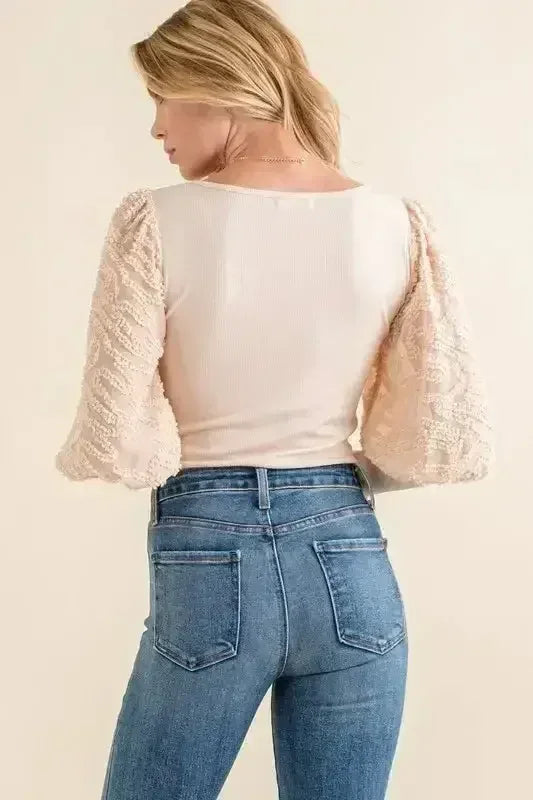 Textured Puff Sleeve Bodysuit | Lace Detail Blouse Bodysuit - Femstylo