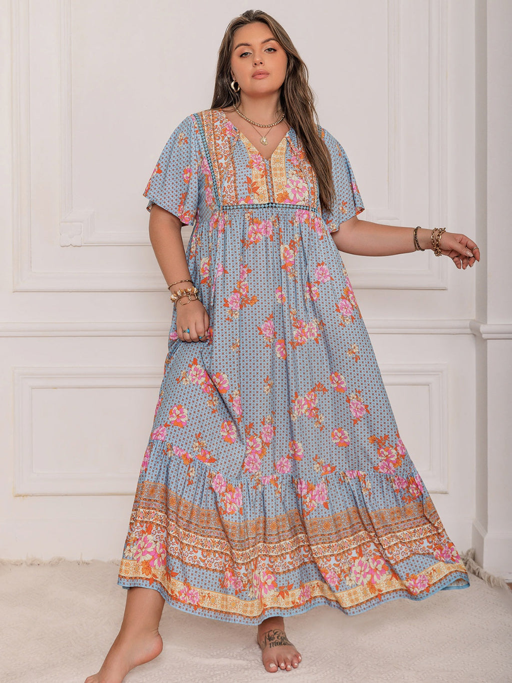 Pink Purple Plus Size Printed Flutter Sleeve Maxi Dress Elegant & Flowy Dress Unique Design