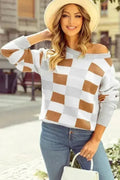 Checkered Drop Shoulder Sweater - Khaki Knit | Femstylo