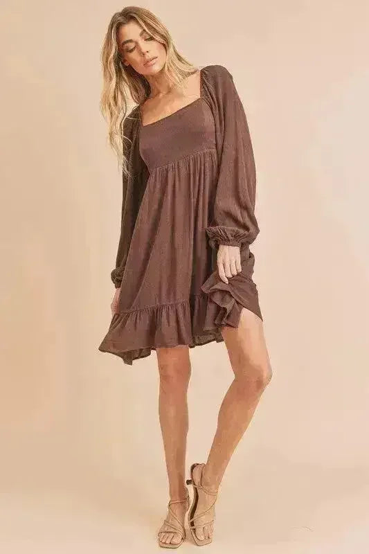 Ruffled Hem Square Neck Mini Dress | Balloon Sleeve Dress -femstylo